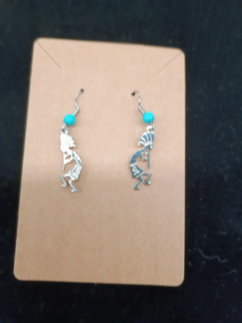 Silver with Turquoise Bead French Wire Dangle Kokopelli Flute Player / Native American Dancer Earrings