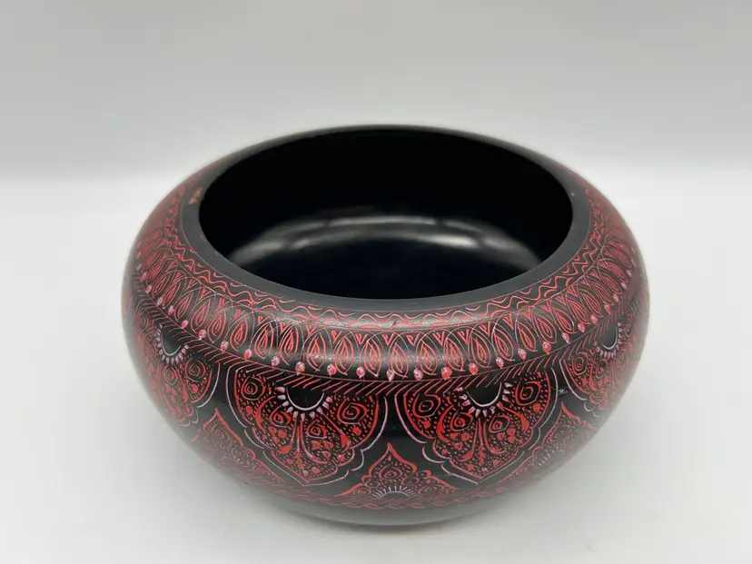 Vintage Handi Crafts & Gifts Khali Kyan Decorative Black Red Carved Wood Bowl