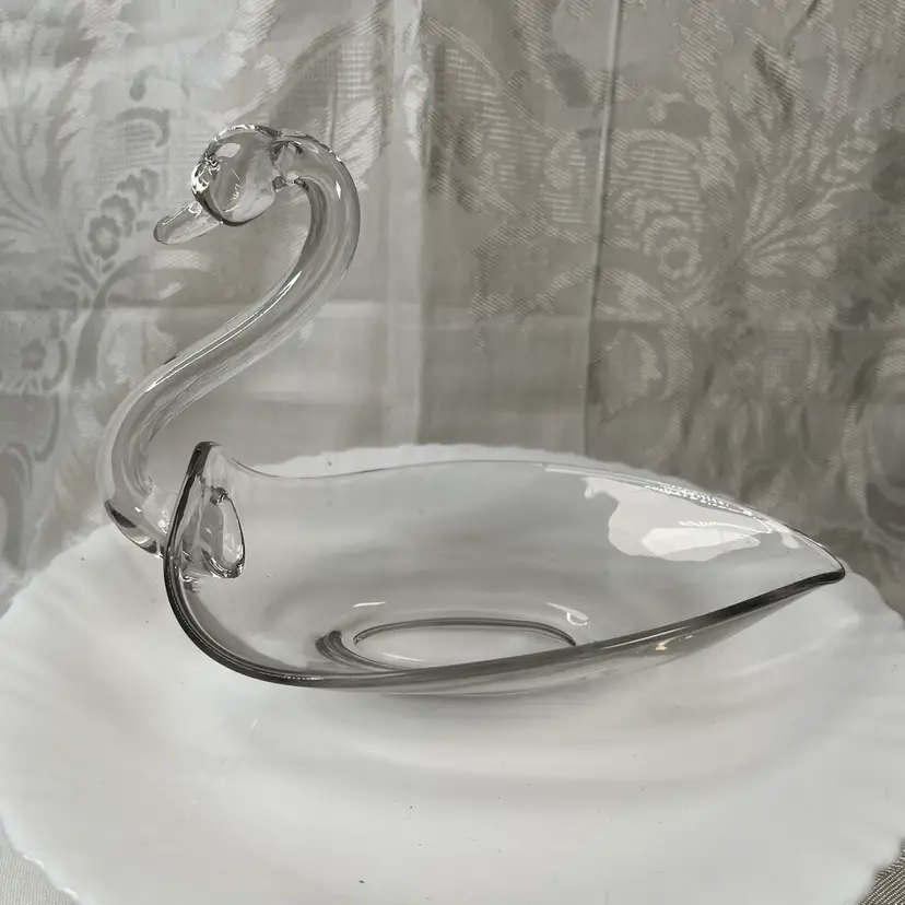 Vintage Clear Glass Swan Bowl Hand Blown 8" X 4.5" X 6"