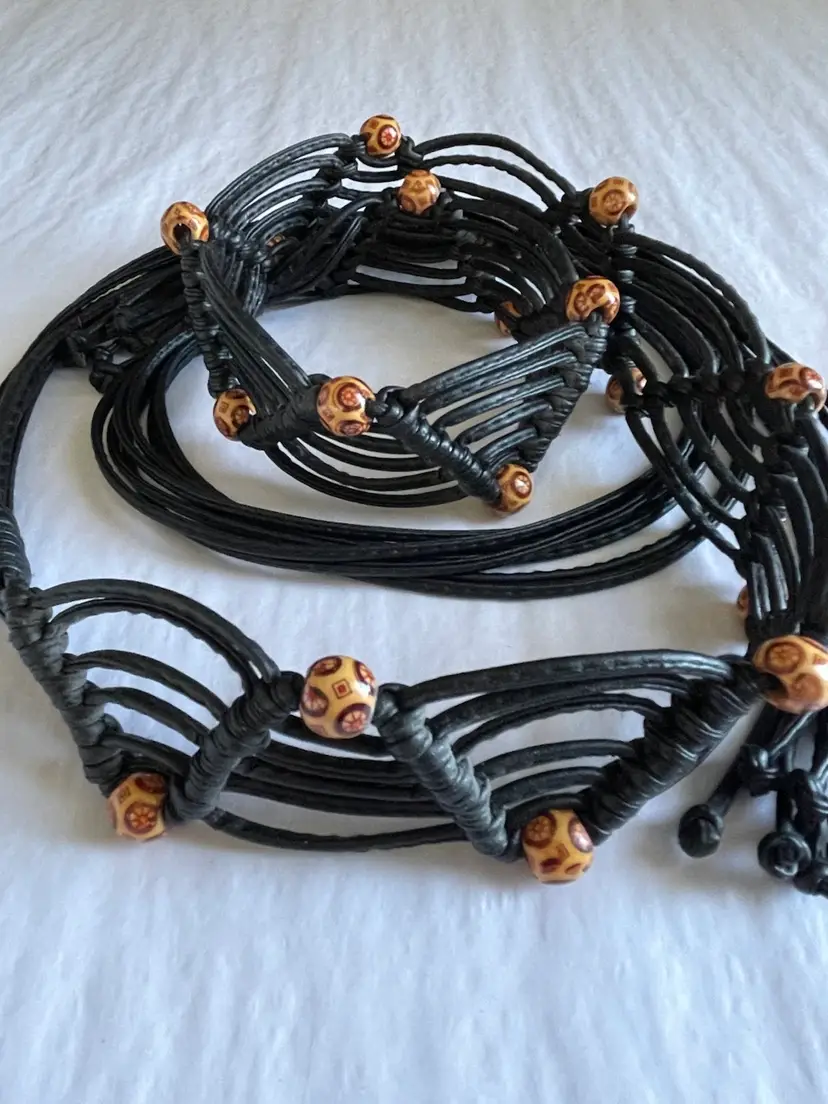 Vintage Bohemian Hippie Retro Macrame Fringe Self Tie Hip Belt with Wood Beads Black Cord