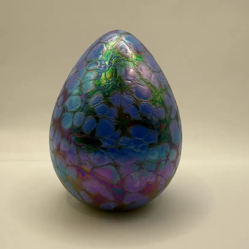 Rainbow Iridescent Blue Modeled Blown Glass Egg 3.75”