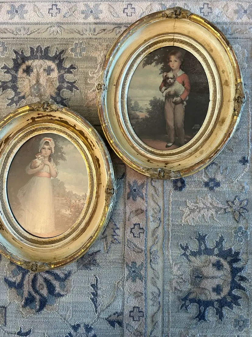 Vintage Italian Prints Under Glass In Antique Ornate Wood Oval Frames 14.5”