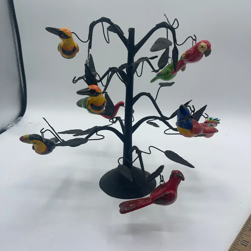 Papier-Mâché Birds On Metal Stand Approximate 8 Inches Tall 10 Birds
