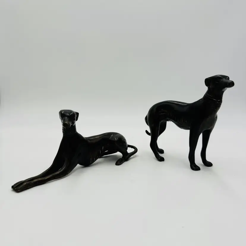 GREYHOUND WHIPPET Dogs Figurines Pair Art Deco Bronze Metal Home Pet Love