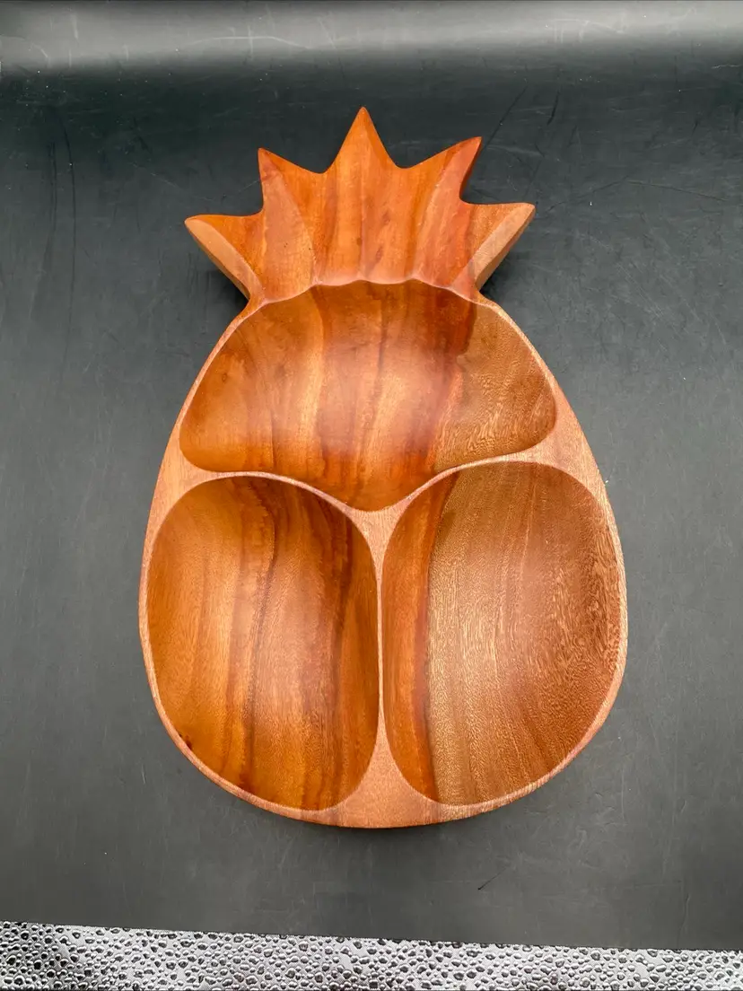VTG 70s Wooden Pineapple Divided Hawaiian Bowl - Signed