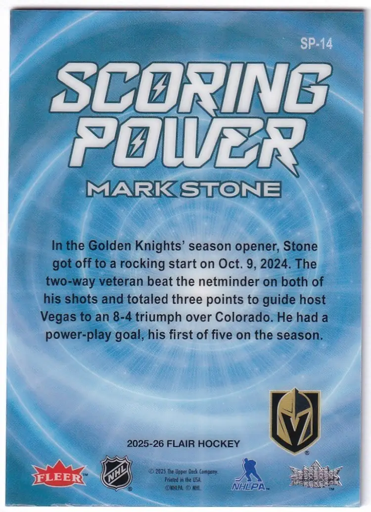 2025-26 Flair Scoring Power #SP14 Mark Stone Vegas Golden Knights Hockey Card