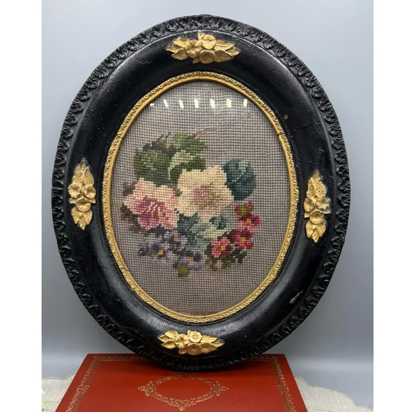 Antique Victorian Oval Solid Wood & Gesso Frame Floral Needlepoint Wall Art - 4 Gold Floral Crests 14.5”x12”