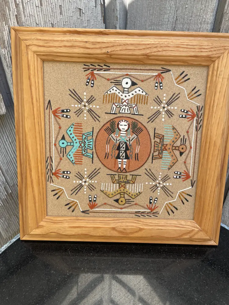 Navajo Native American Sand Painting Signed Healing Ritual Mythological Shaman Medicine Man