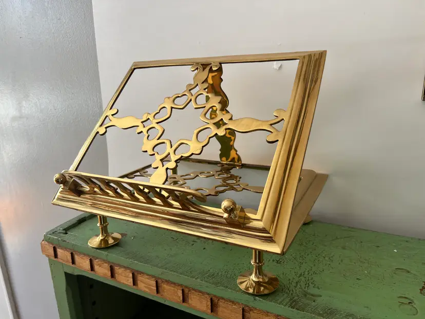 Vintage Solid Brass Bookstand. Andrea By Sadek Large Ornate Folding Display Easel