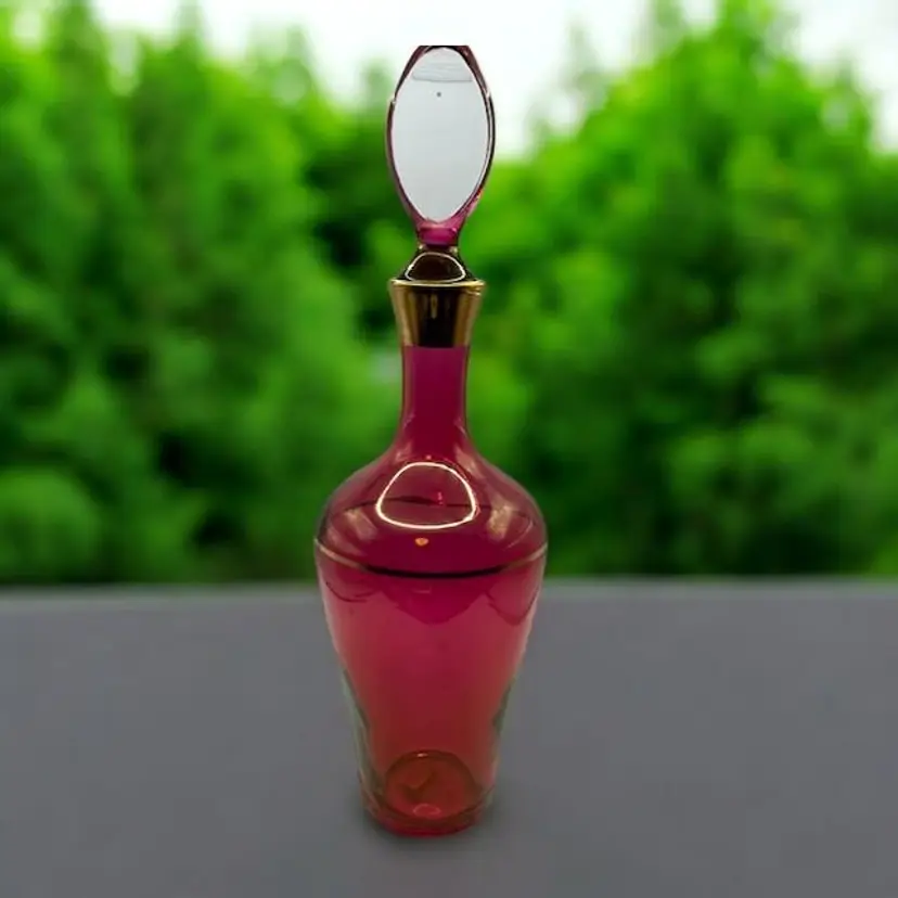 VTG Glass Decanter with Stopper Cranberry Color with Gold Accents 14" tall - *read*