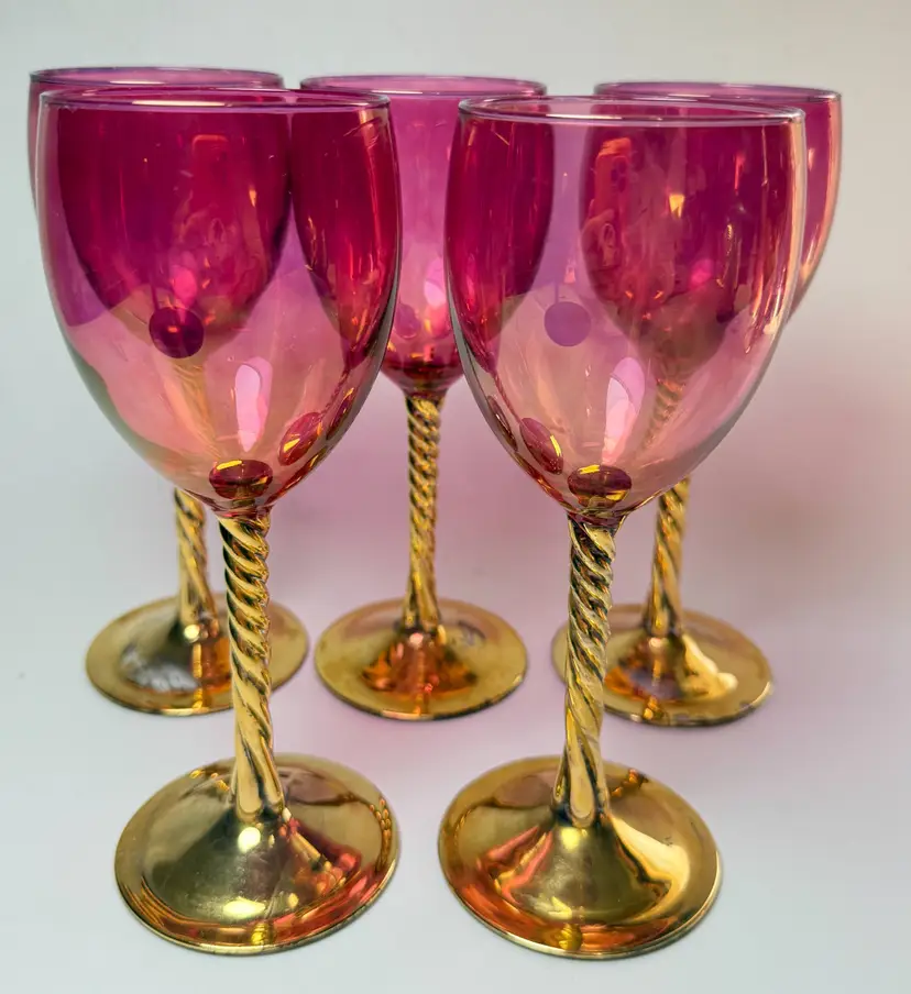 Vintage Cranberry Luster Wine Glasses Bohemian Gold Gilded Twisted Stem Set of 5