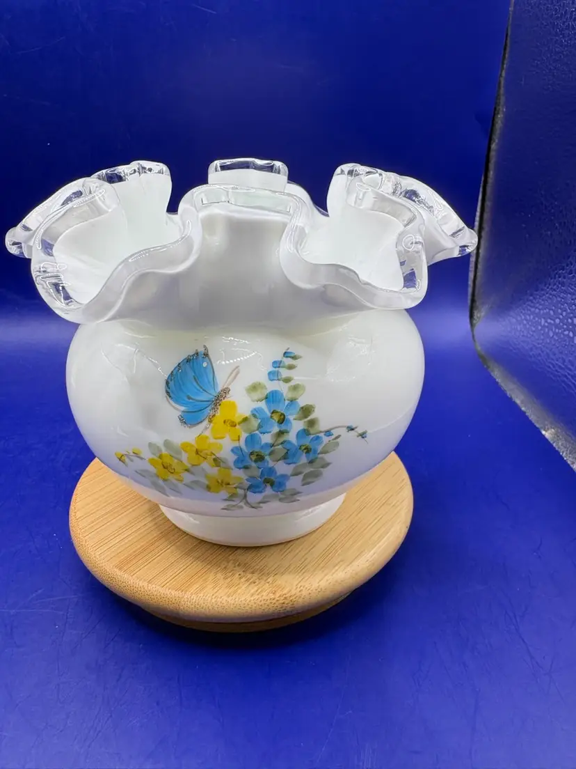 Fenton Silver Crest Ruffled Rose Bowl Hand painted And Signed