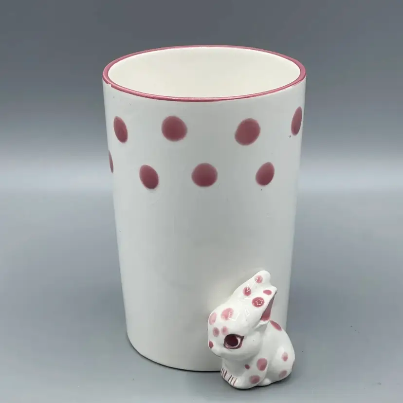 Vintage Schmid Design Folio Bunny Rabbit Pink Polka Dot Cup Tumbler White 4-5/8”