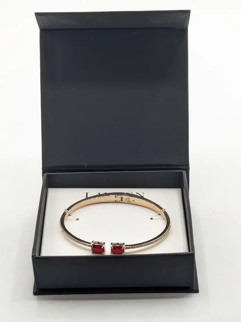 Ralph Lauren Gold Tone Faux Ruby Crystal Cuff Bracelet with Box NOS