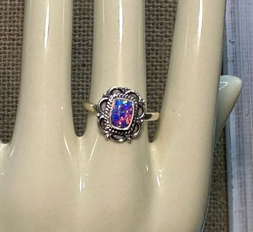 Southwestern Sterling 925 Framed Rainbow Fire Opal Ring Sz 8