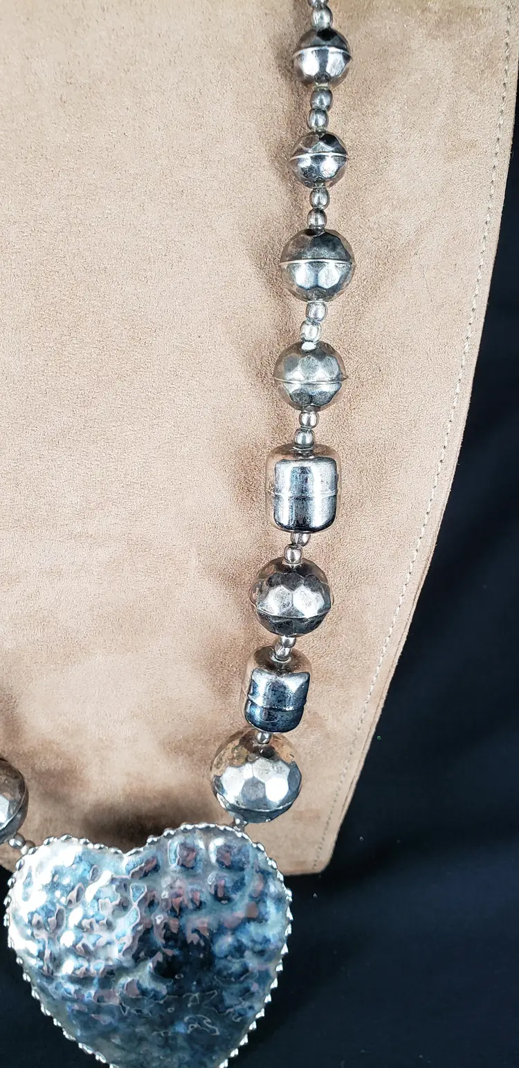 Hammered Heart and Beads Silver Tone Statement Necklace 34"