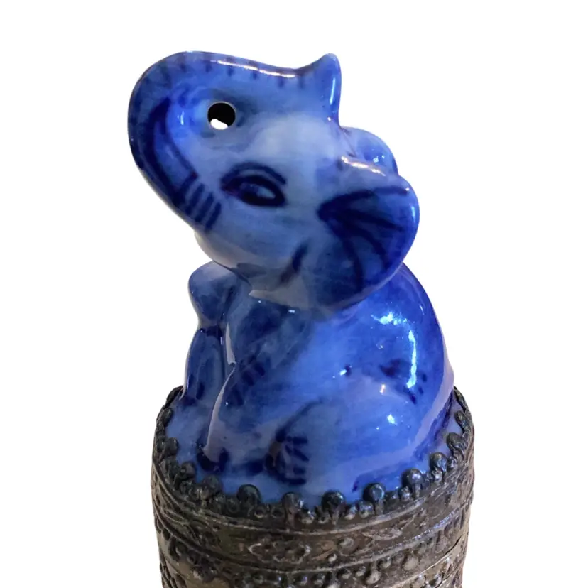 Vintage Blue Porcelain Elephant On Beautifully Decorated Metal Pill Box