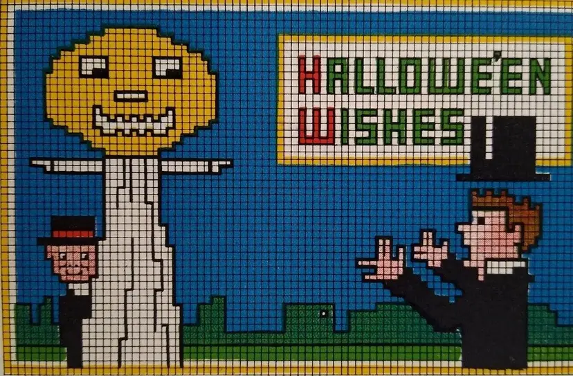 Halloween Postcard Fantasy Goblin Pilgrims City View Grid Pattern Gibson 6936