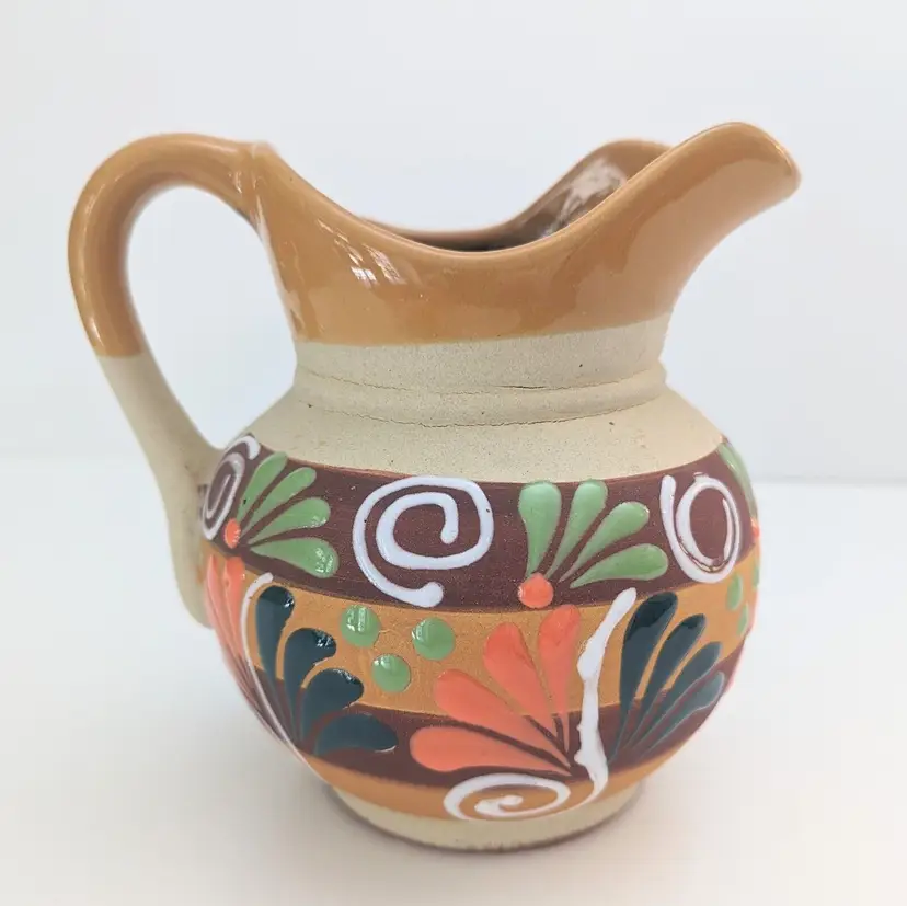 Handmade Hand Painted Colorful Mexican Pottery Pitcher 6.25" Orange Gold Green