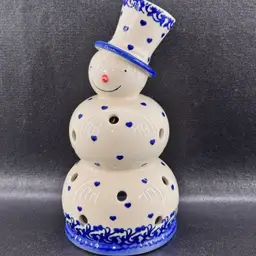 Signed Galia Boleslawiec Polish Pottery Christmas Snowman Candle Holder