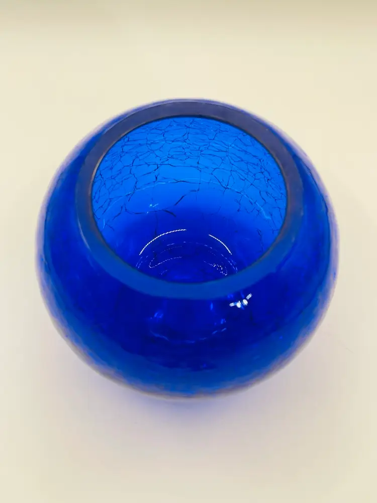 Vintage, MCM Style Cobalt Blue Crackle Glass Round Vase