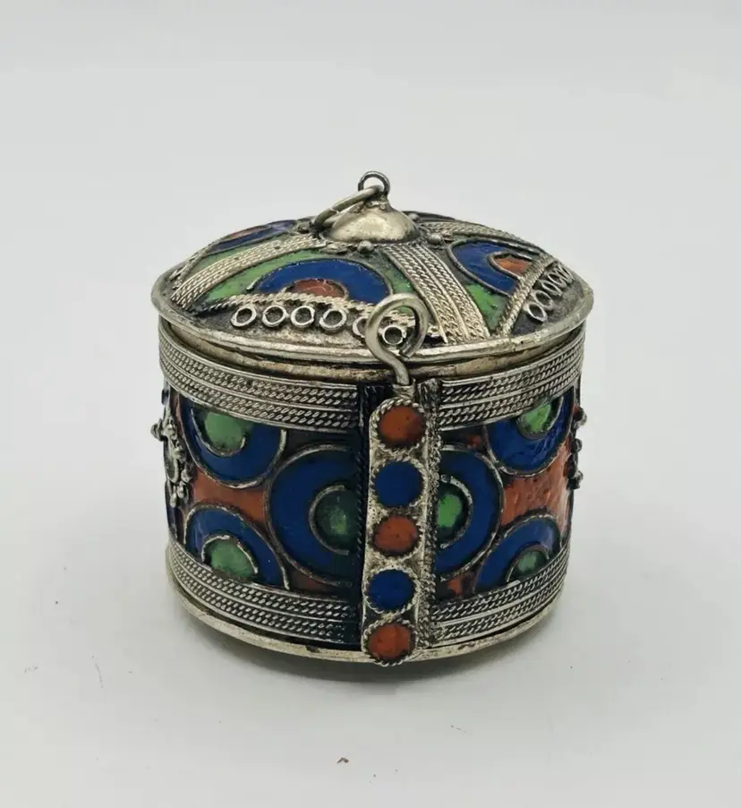Handcraft  Orange Blue Enamel Moroccan Berber Bracelet Jewlery Trinket Box