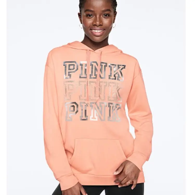 Pink by Victoria’s Secret Foil Shine Bling Campus Hoodie Small Orange Pullover
