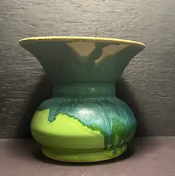 2011 Signed Mad Rabbit Studio Pottery Vase – "Little Bits of Fun" Collection – Vibrant Teal & Lime Green Flared Rim Vase