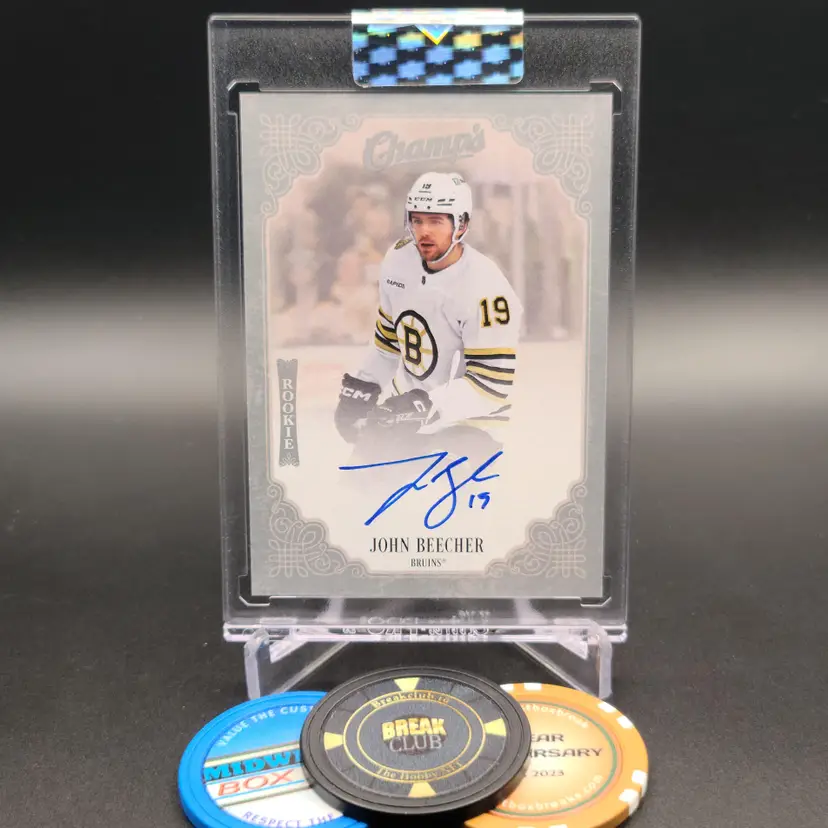 John Beecher Rookie Auto 2023-24 Upper Deck Clear Cut Hockey Champs Autograph Insert Card #C-JB Boston Bruins