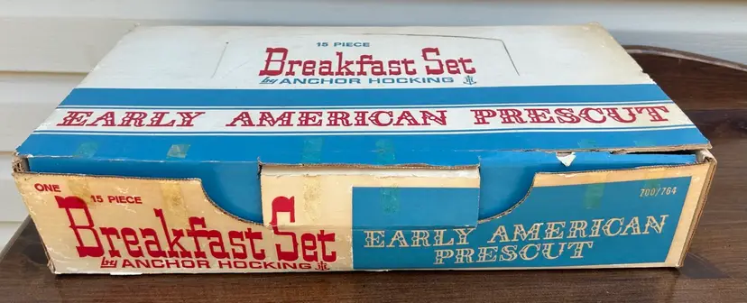 Vintage Anchor Hocking Breakfast Set Early American Prescut 15 Piece Set In Box Not Used