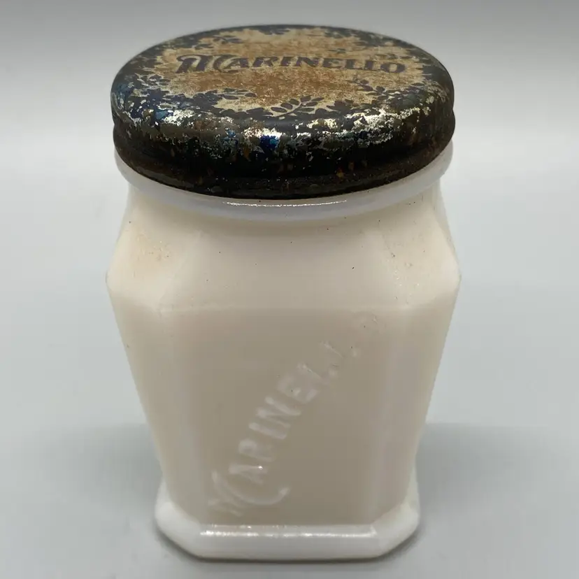 Vintage Marinello White Milk Glass Cosmetic Jar 3" tall