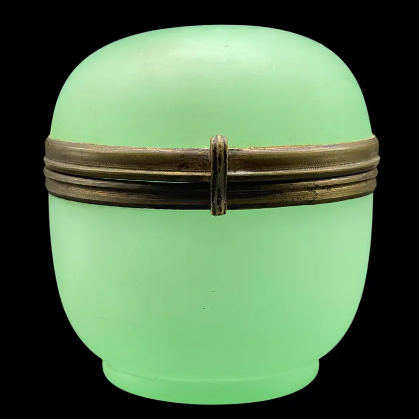 Antique Uranium Glass Trinket Box Brass Fittings UV Reactive Unknown Origin