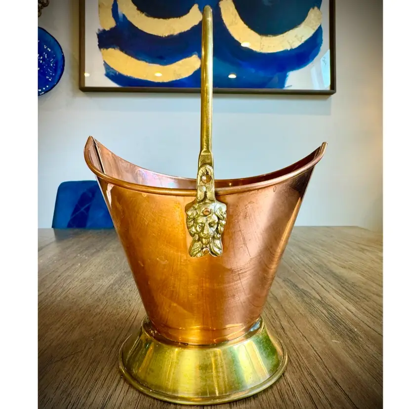 10x7” Vintage Douro Copper & Brass Coal Scuttle Bucket, Portugal, Lion Head Handle