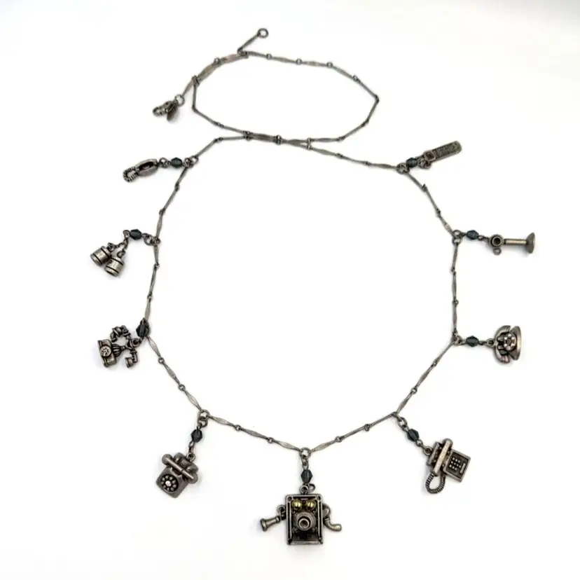 Sweet Romance USA Phone Charms Necklace Silver Tone AB Crystals Signed 30" Rare