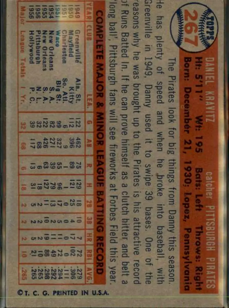 1957 Topps #267 Danny Kravitz - ( pk1 ) - Pittsburgh Pirates