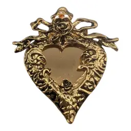 Vintage gold tone heart picture frame locket rose ribbon bow floral brooch pin