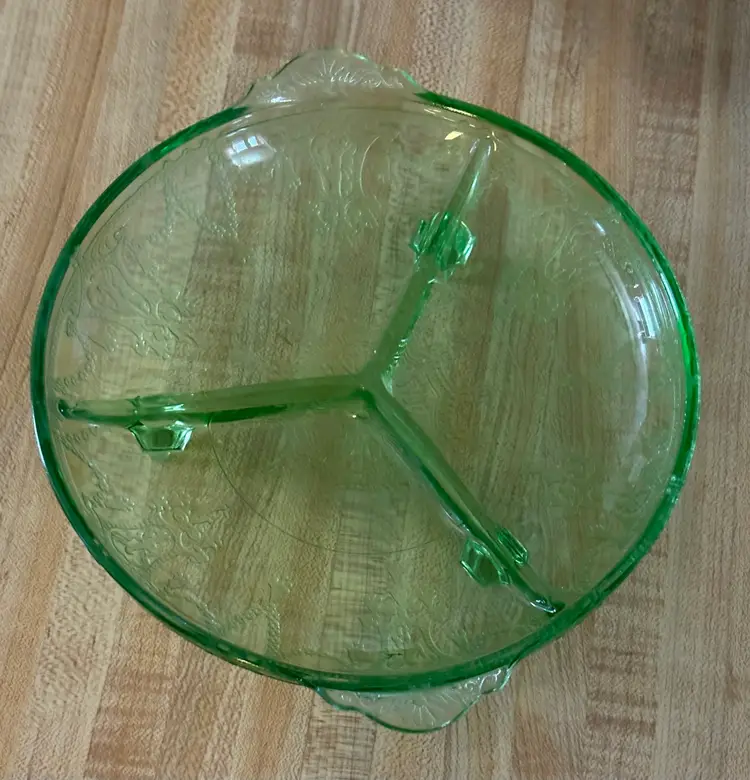 Vintage Vaseline Uranium Depression Glass Handled / Footed Candy Nut Relish Dish