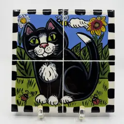 Hand Painted Tiles Wall Decor Artwork Black & White Cat Florals Bee Ladybugs 9”