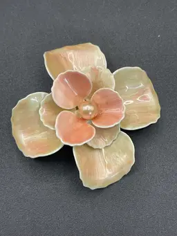 Vintage, Pink Enameled, Metal Flower Brooch