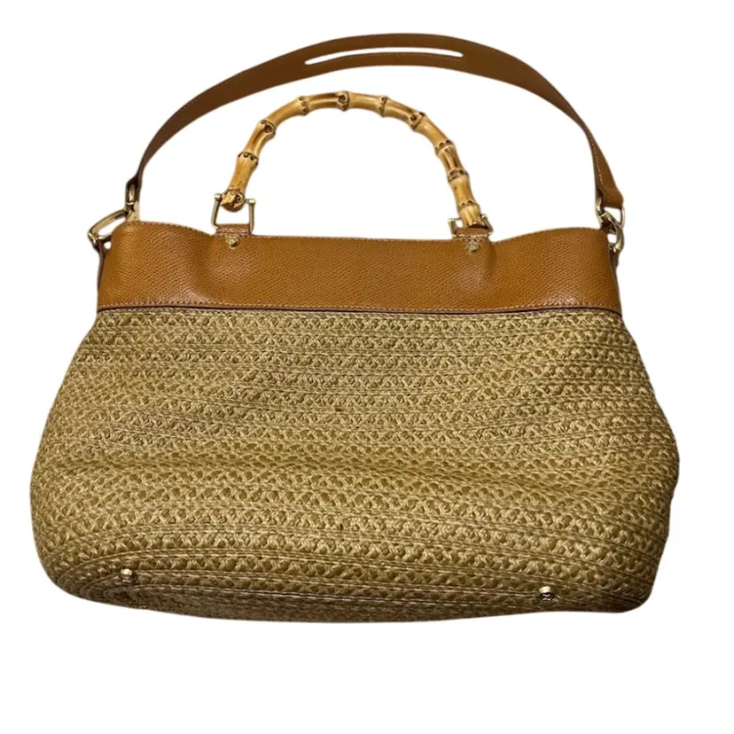 Eric Javits- “ Squishee Rafia” - Bamboo Handle Satchel- Leather Trim & Strap- 13” W, 9.5 Tall- Strap- 9” Hang