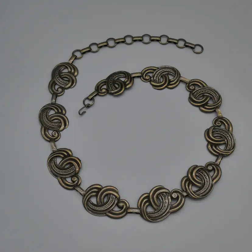 Vintage Bronze Swirled Knot Statement Belt Stamped Metal Link 1.5" Wide Adjustable 29" to 37"