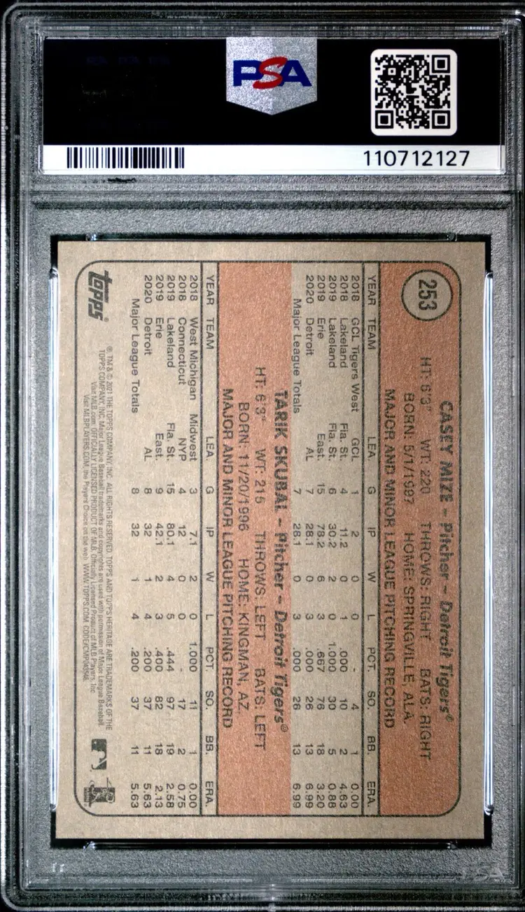 Tarik Skubal Casey Mize 2021 Topps Heritage Rookie Stars Black Parallel Print Run=50 SSP RC #253 PSA 9 Detroit Tigers