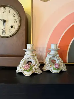 Vintage Capodimonte Porcelain Candle Holders: Rococo Pink Roses, Gold Trim