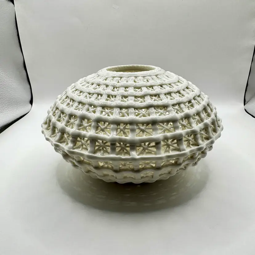 Vintage 1900-1940’s Milk Glass White OpenWicker Weave Porcelain Basket Vase Candleholder Diana Cyan Design, Made in Germany
