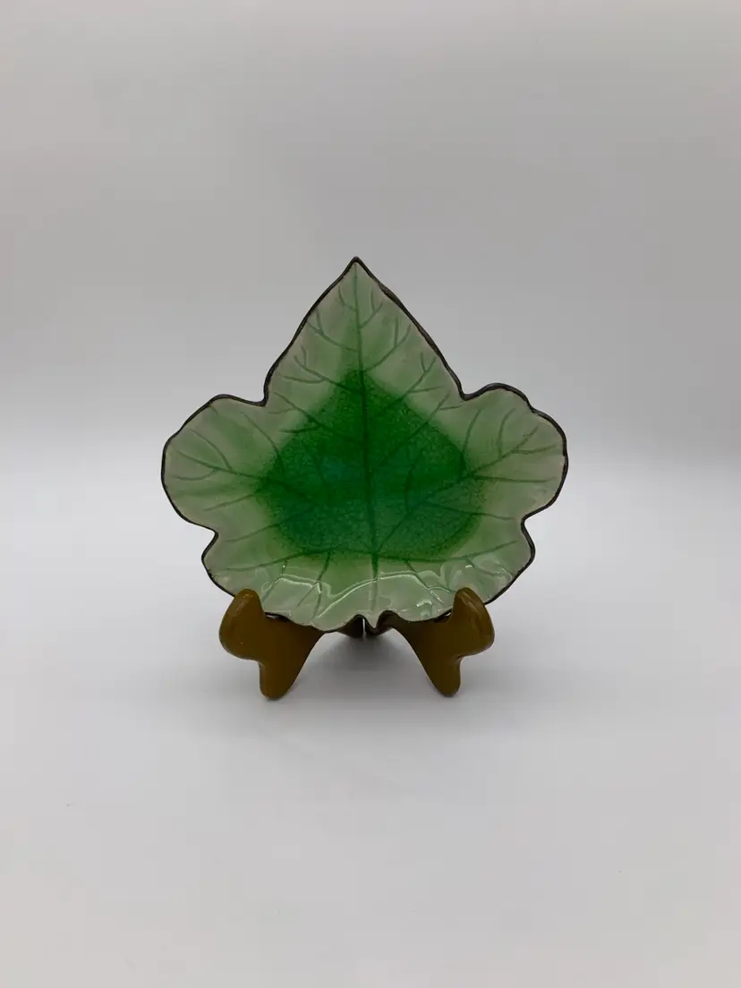 Vtg. Stoneware Maple Leaf Trinket Candy Dish Green Crackle Mocha #TPRE011