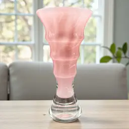 Sweden? Hand Blown Art Glass Vase Marbled Pink Flared Rim Bamboo Design