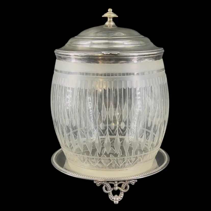 Antique Victorian Biscuit Jar Cut Glass Cookie Barrel Silver Plated Metal Hinged Lid & Attached Stand Cut Glass