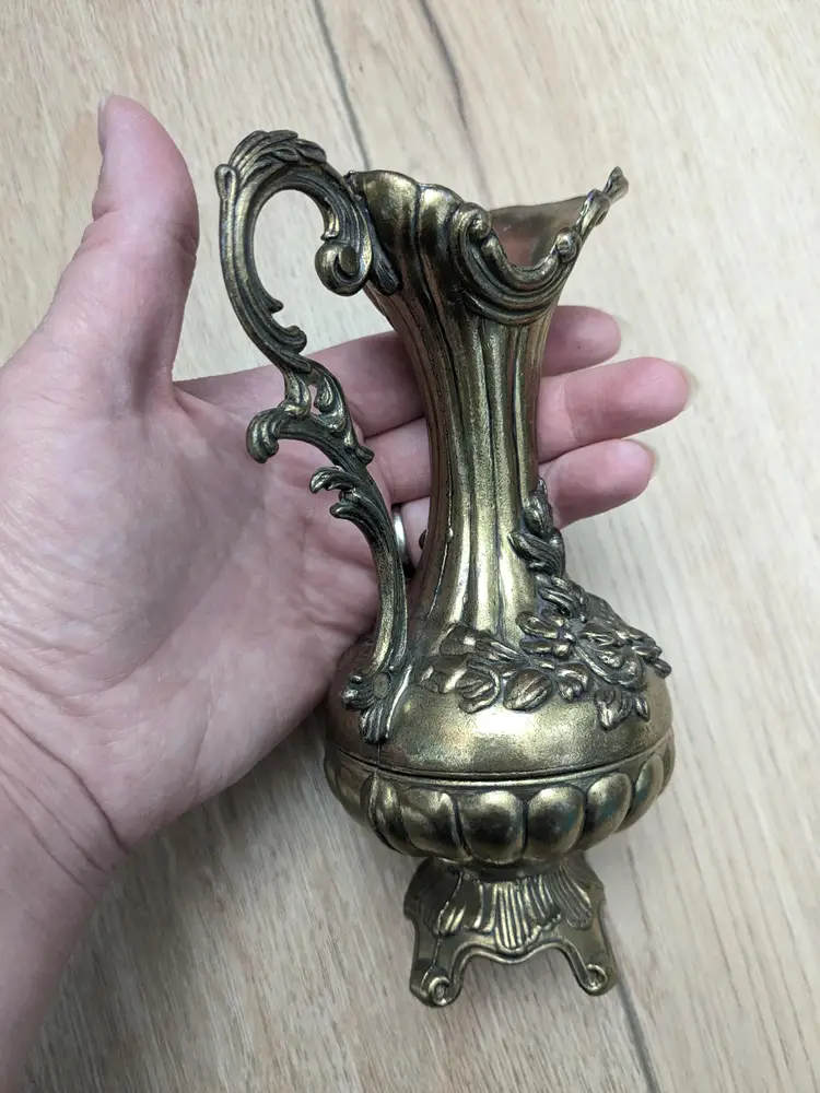 Vintage Brass Floral Embossed Pitcher Vase Decor Footed Made in Italy 7" Tall