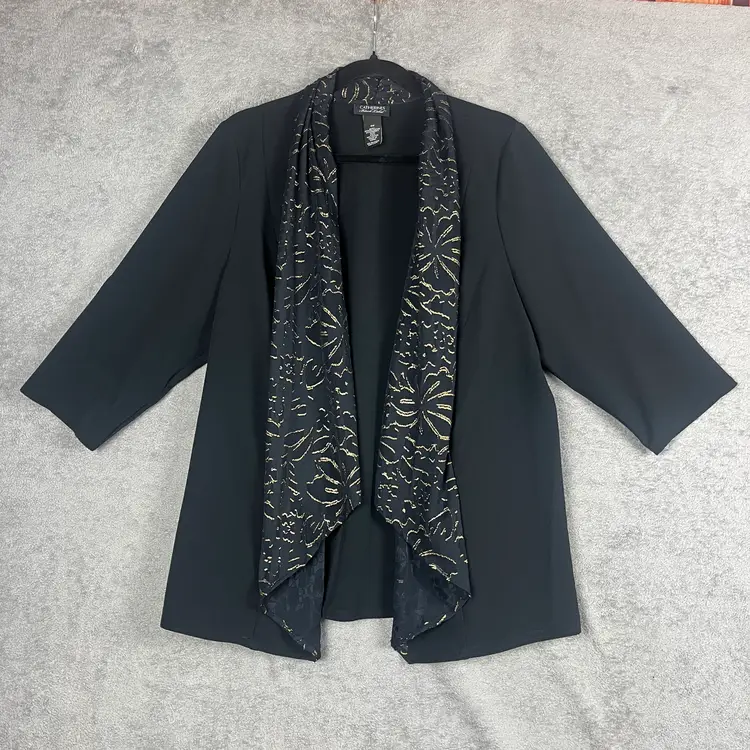 Catherines Black Label Jacket Women’s 0X Black Gold Open Front Metallic Trim Dressy Blazer
