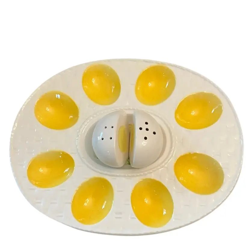Vintage MCM Ceramic Deviled Egg Platter With Egg Salt And Pepper Shakers 10β X 8β